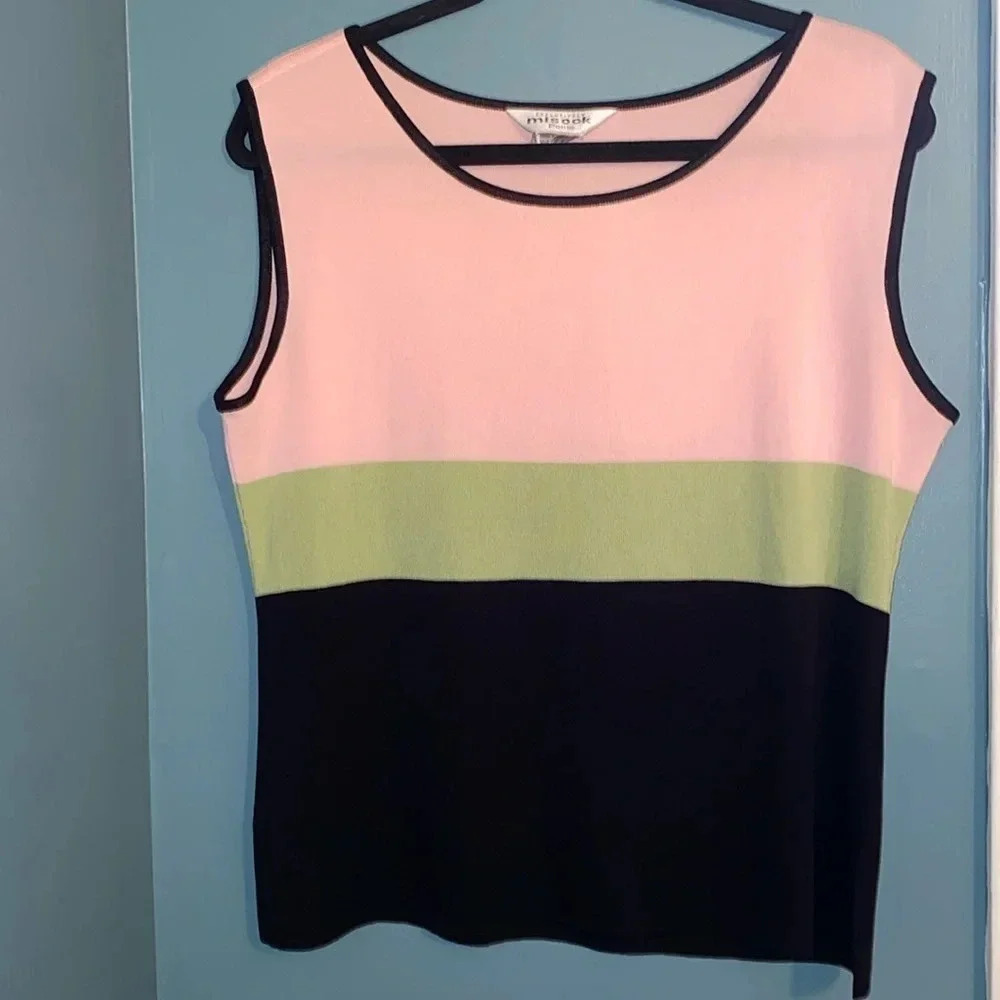 Misook women’s sleeveless top - color block - pink/green/black - petite L